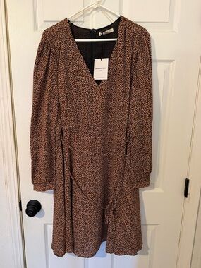 Tan and Black Leopard Print V-Neck Long Sleeve Dress